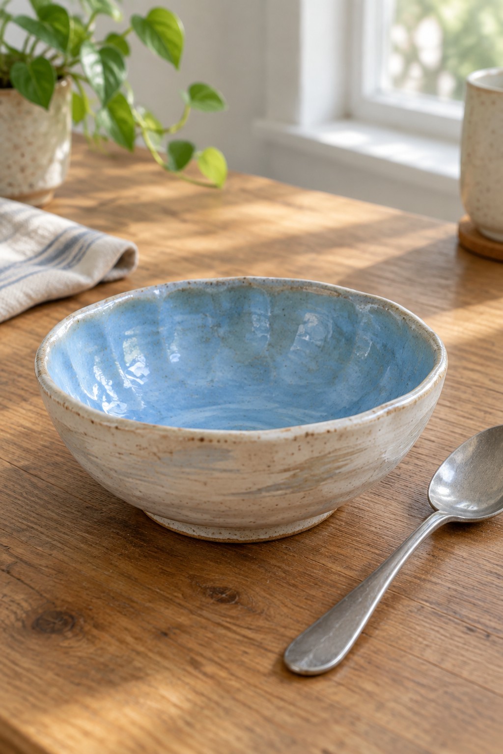 Blue ceramic bowl and spoon on sunlit wooden table with plant and mug