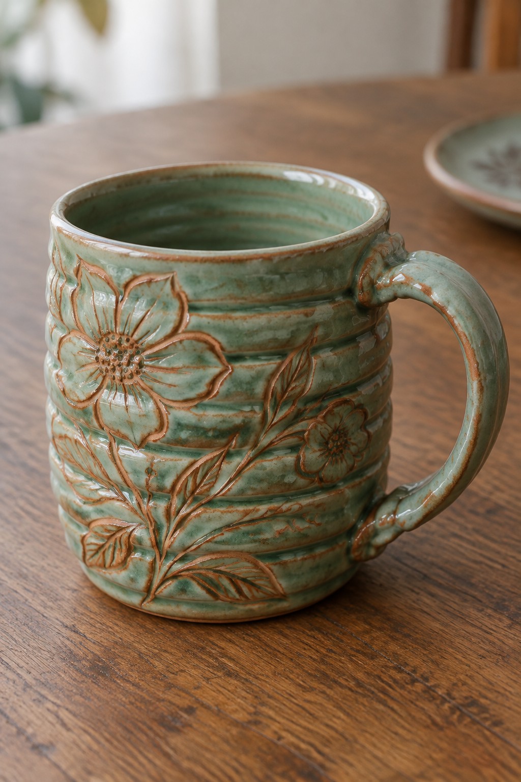 Sage green ceramic mug with embossed flowers and leaves on wooden table