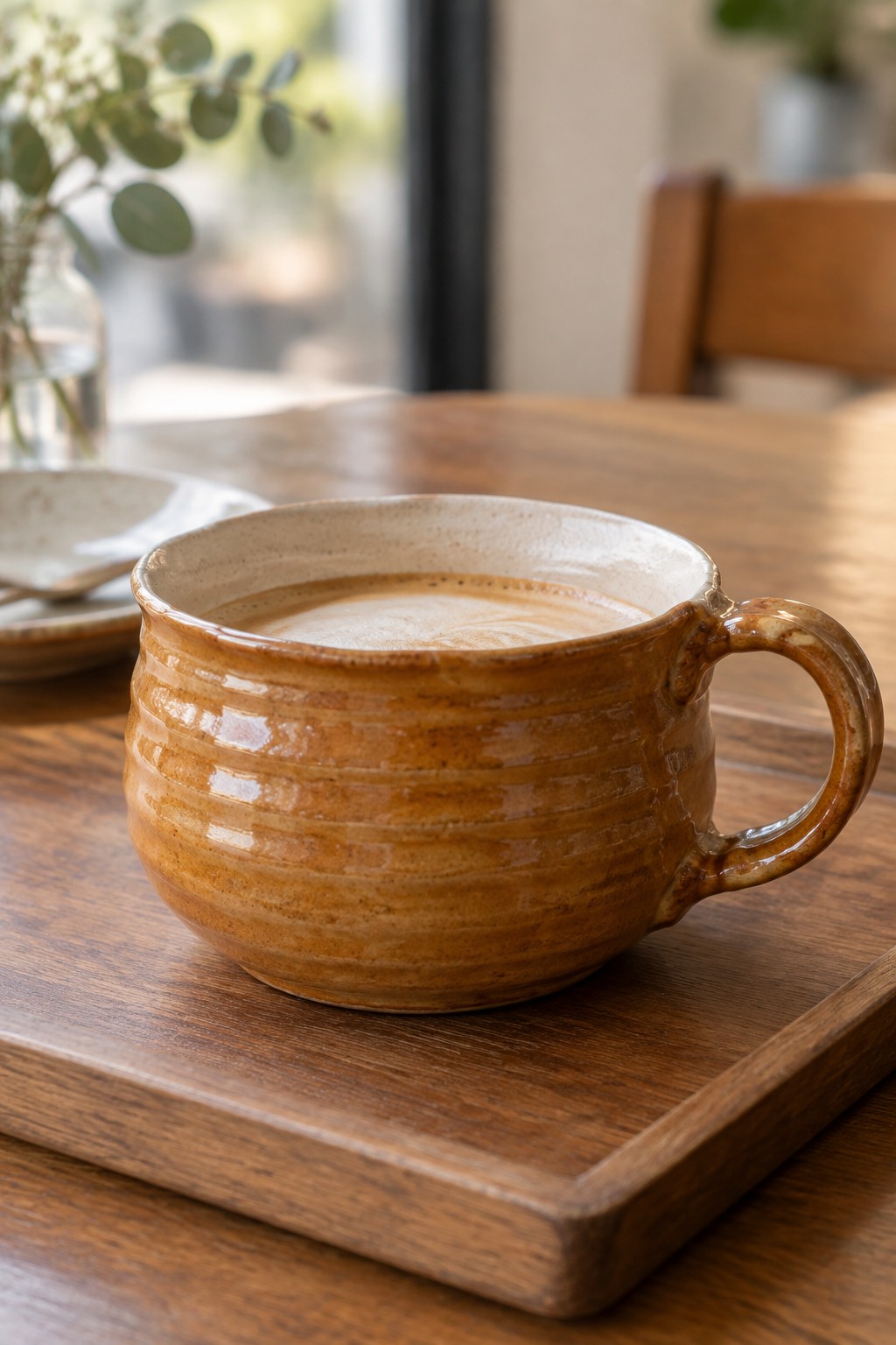 Brown ribbed ceramic mug of coffee on wooden tray