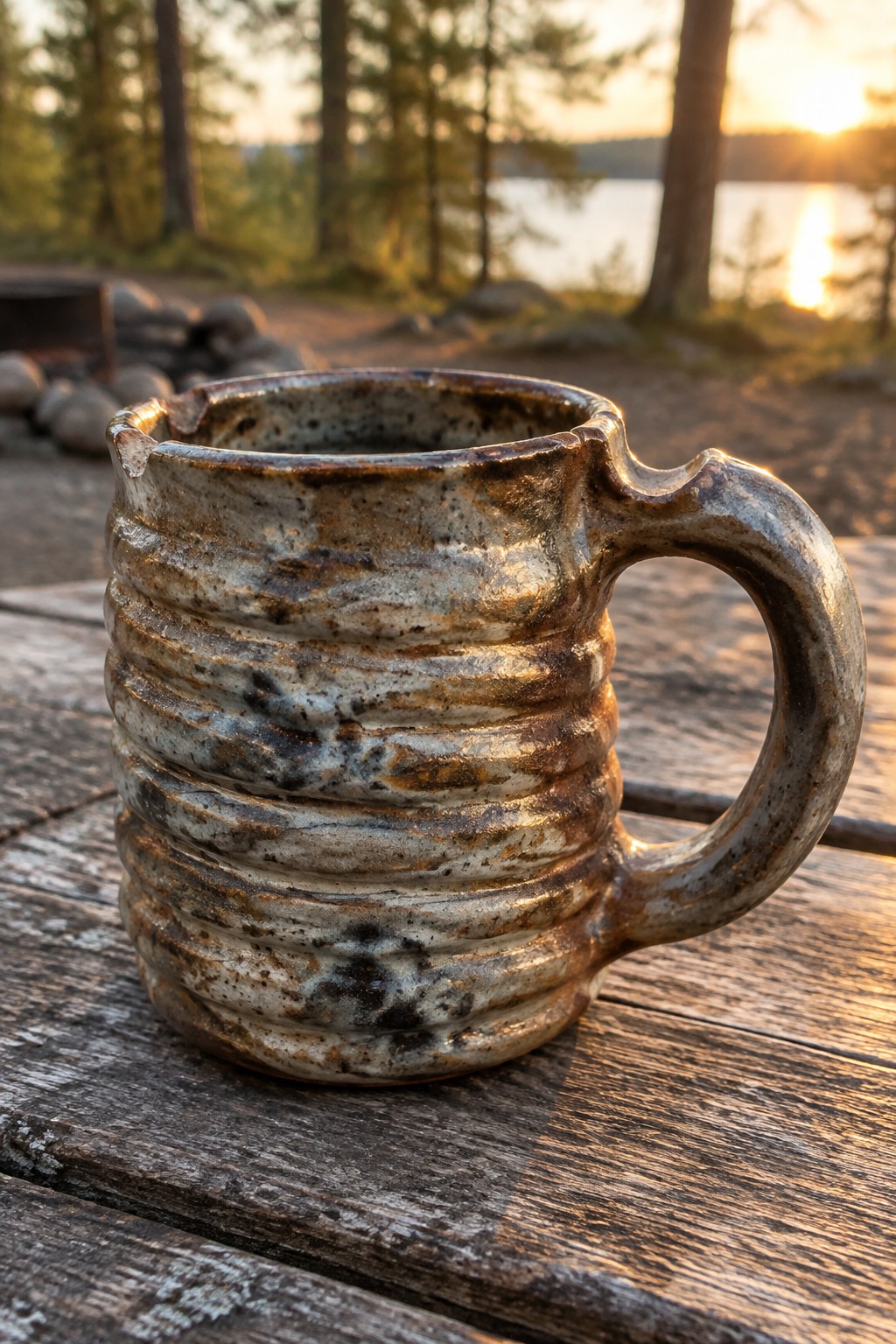 Rustic ceramic mug with earthy glaze on wooden table at lakeside sunset