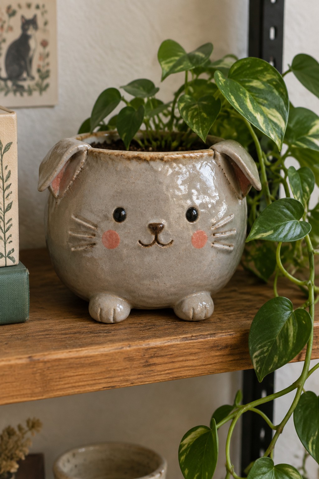 Ceramic cat face planter with pink cheeks holding green plant on wooden shelf