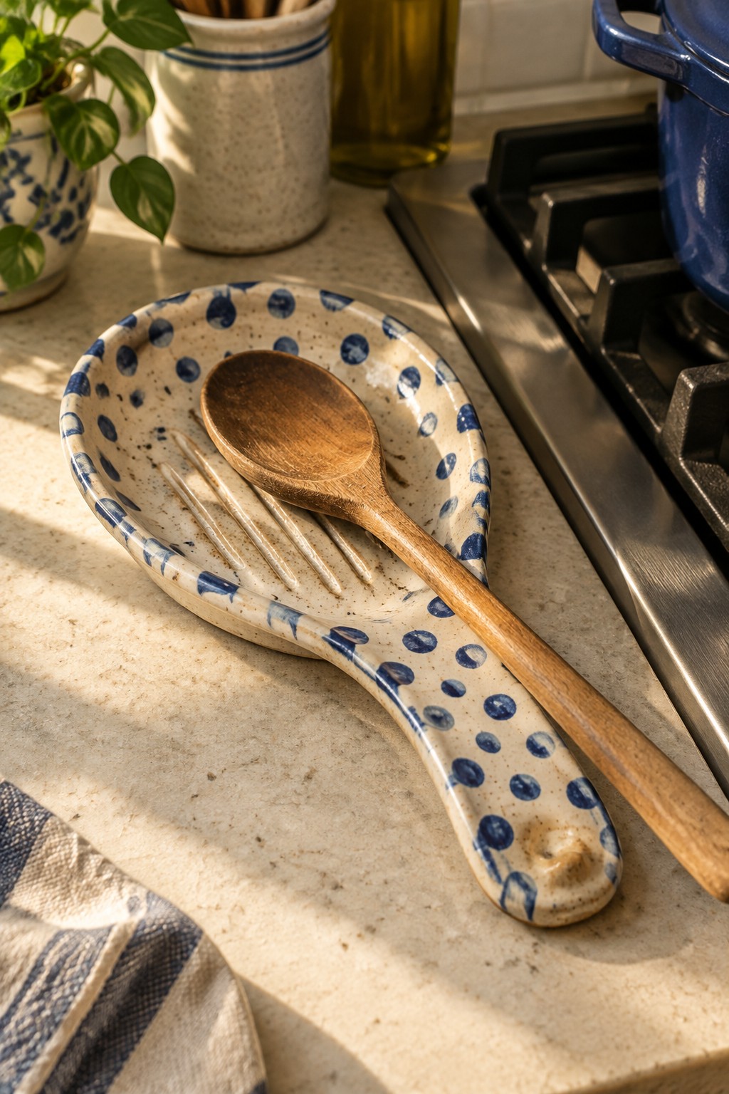 Blue polka-dot ceramic spoon rest with wooden spoon and fork on marble counter.