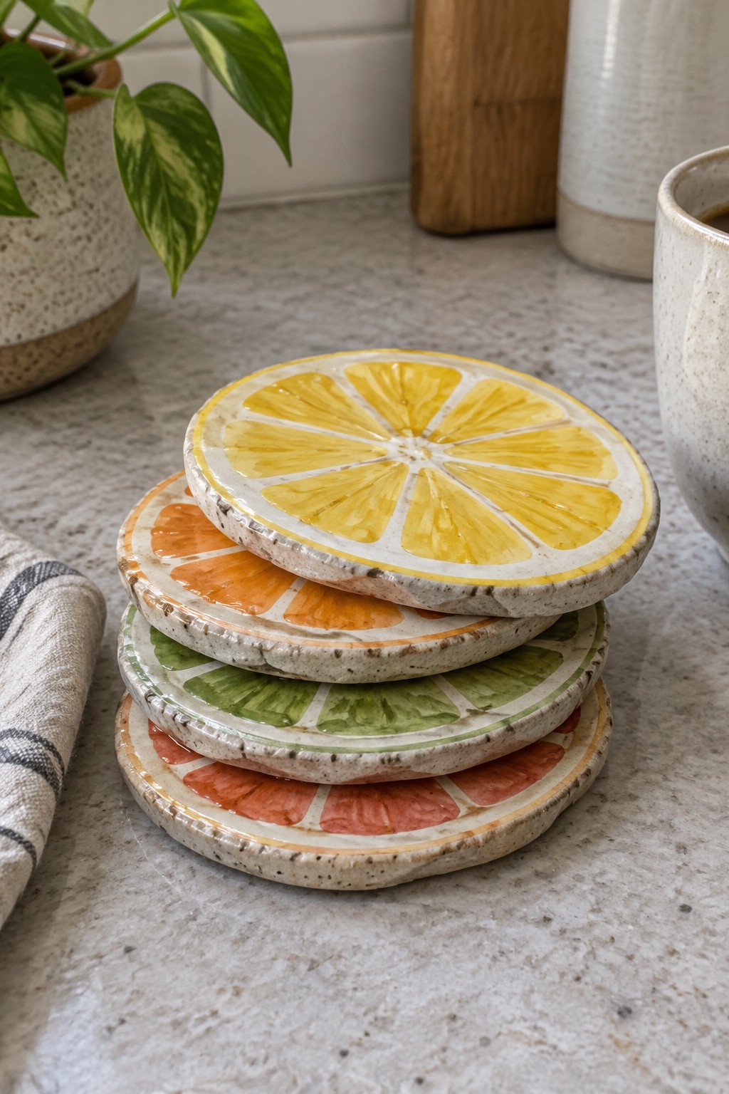 Stacked colorful citrus slice ceramic coasters on a kitchen marble countertop