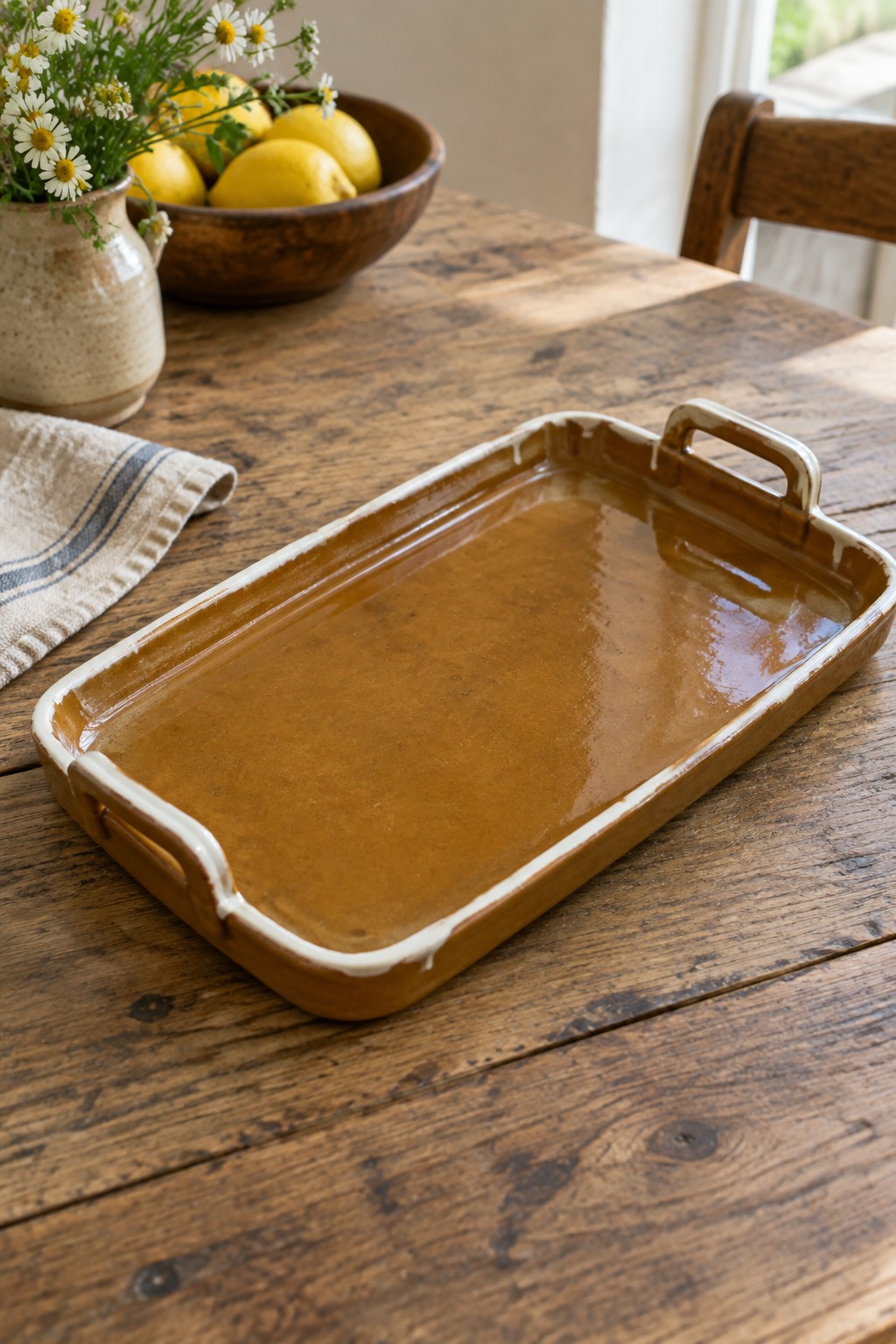 Brown ceramic tray with white handles on rustic wooden table with lemons and flowers