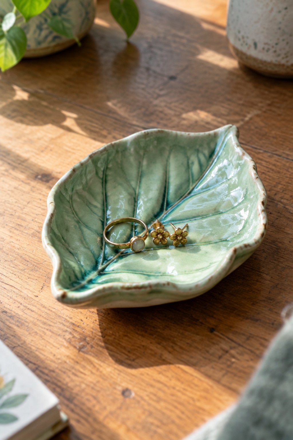 Green ceramic leaf dish holding gold ring and flower earrings on wooden table
