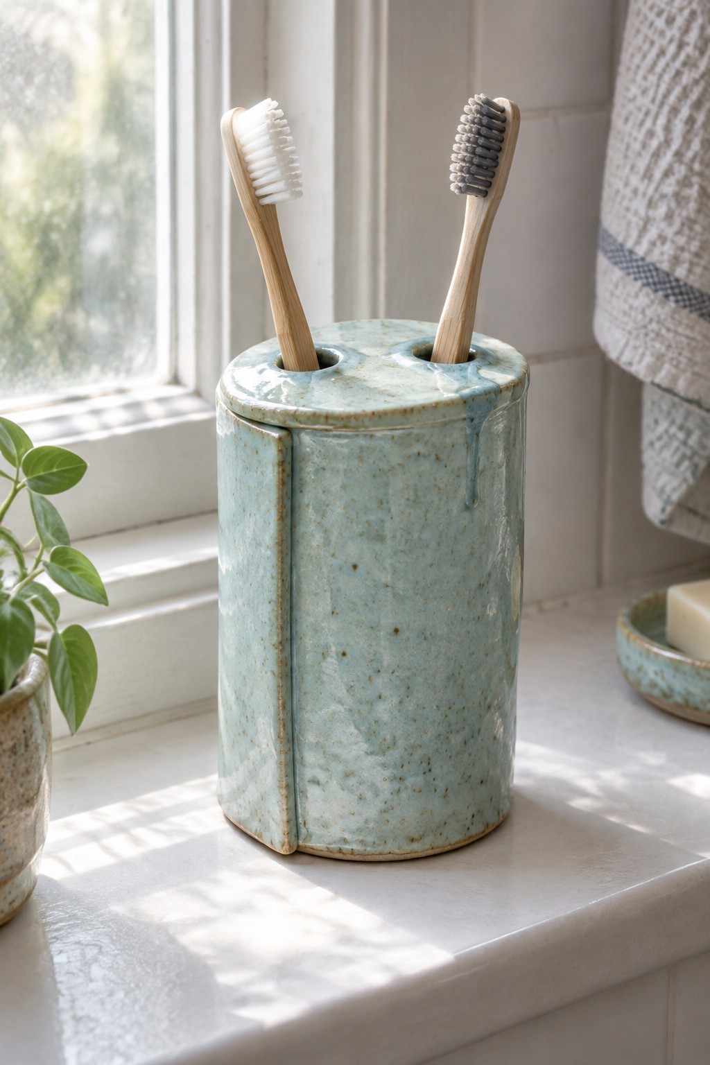 Two bamboo toothbrushes in a light blue ceramic holder on a windowsill.