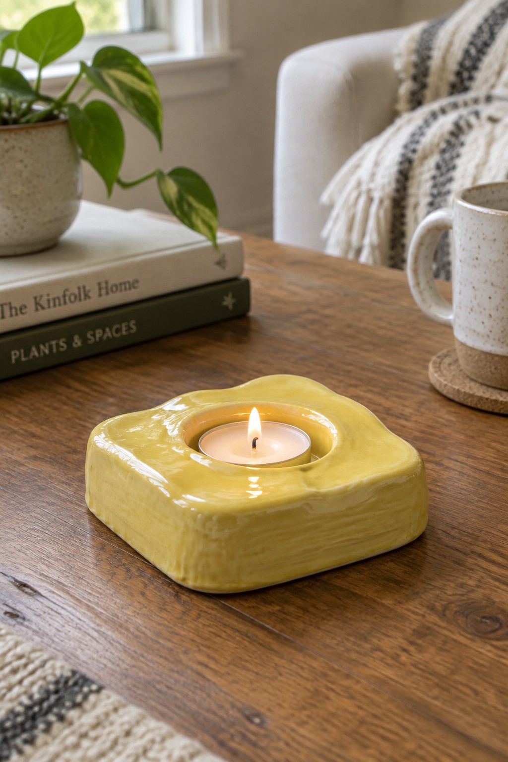 Lit candle in yellow ceramic holder on wooden table beside books and plant