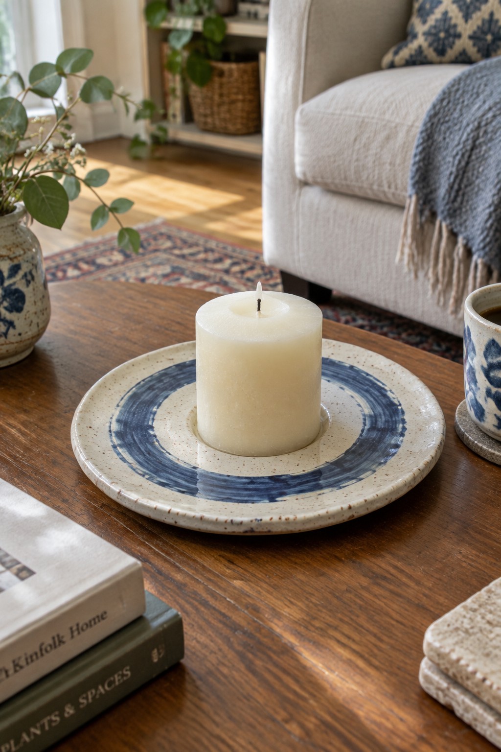 White candle on blue ceramic plate atop wooden table with books and plant