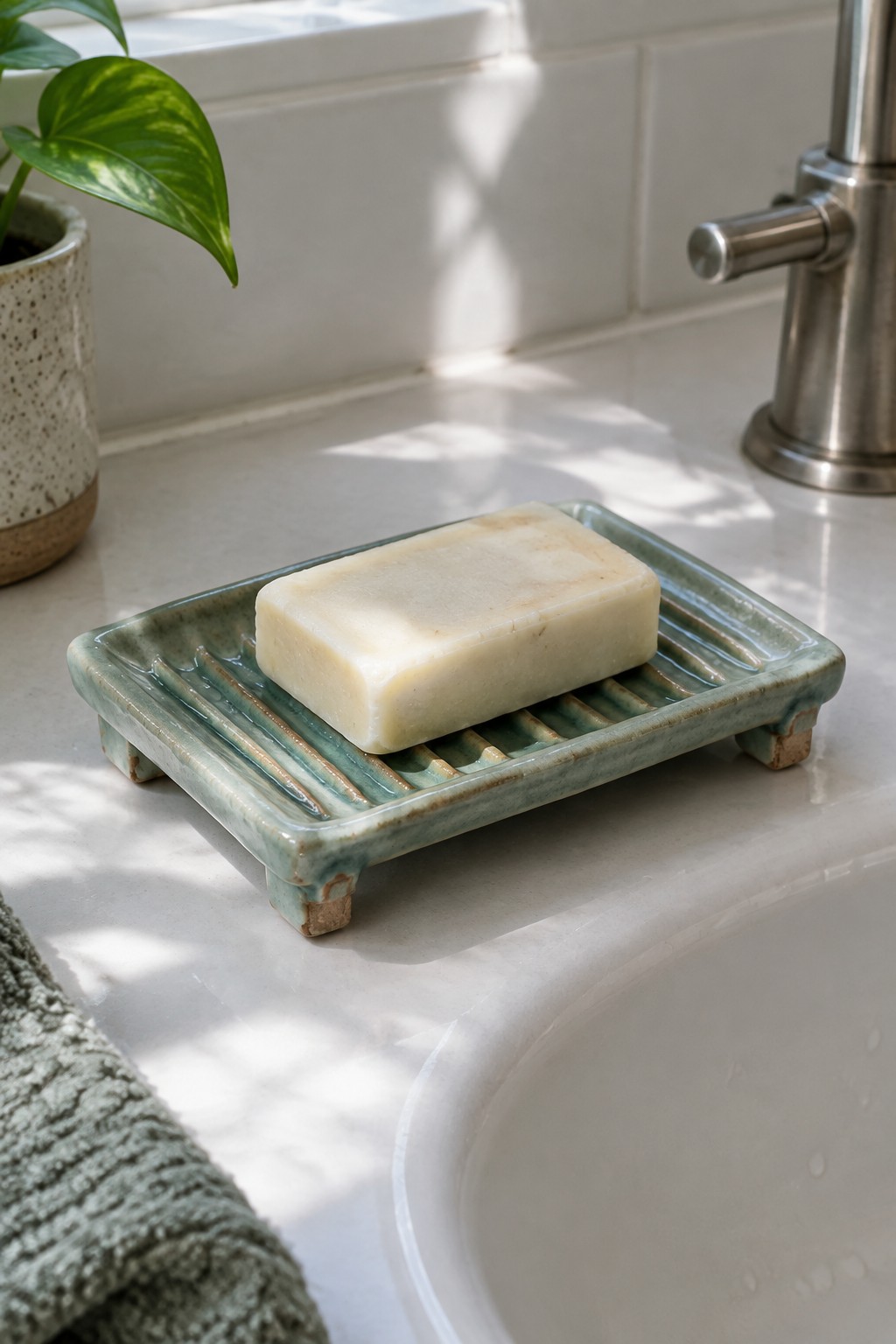 Pale soap bar on ribbed green ceramic dish atop white bathroom sink counter
