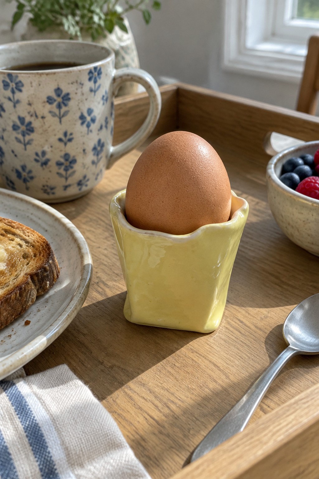 Brown egg in yellow ceramic cup beside floral mug and toast on wooden tray