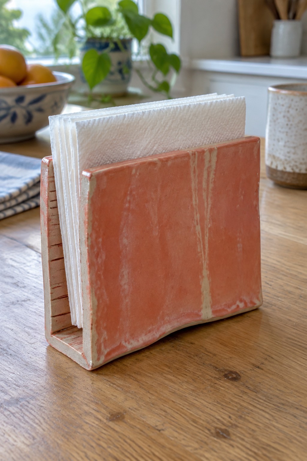 Pink ceramic napkin holder with white paper napkins on wooden table.