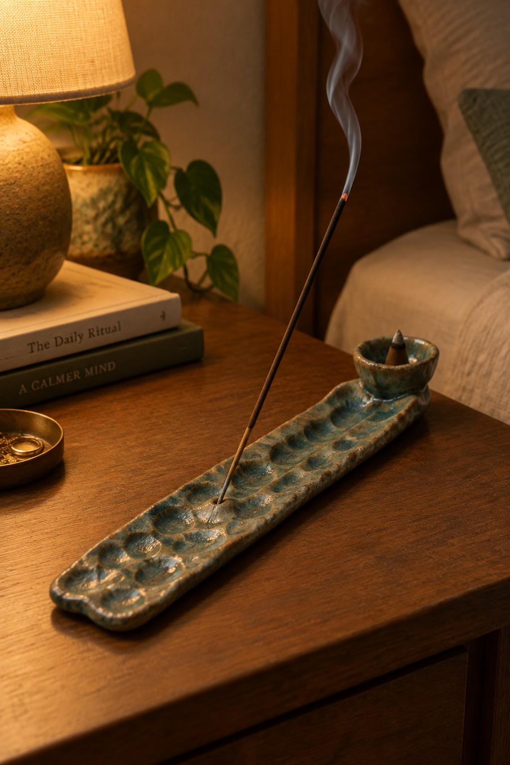 Burning incense stick with smoke in teal ceramic holder on wooden nightstand