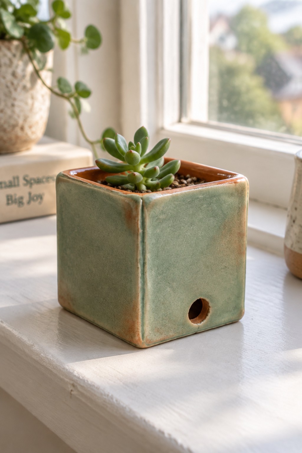 Green succulent in square ceramic pot with drainage hole on windowsill