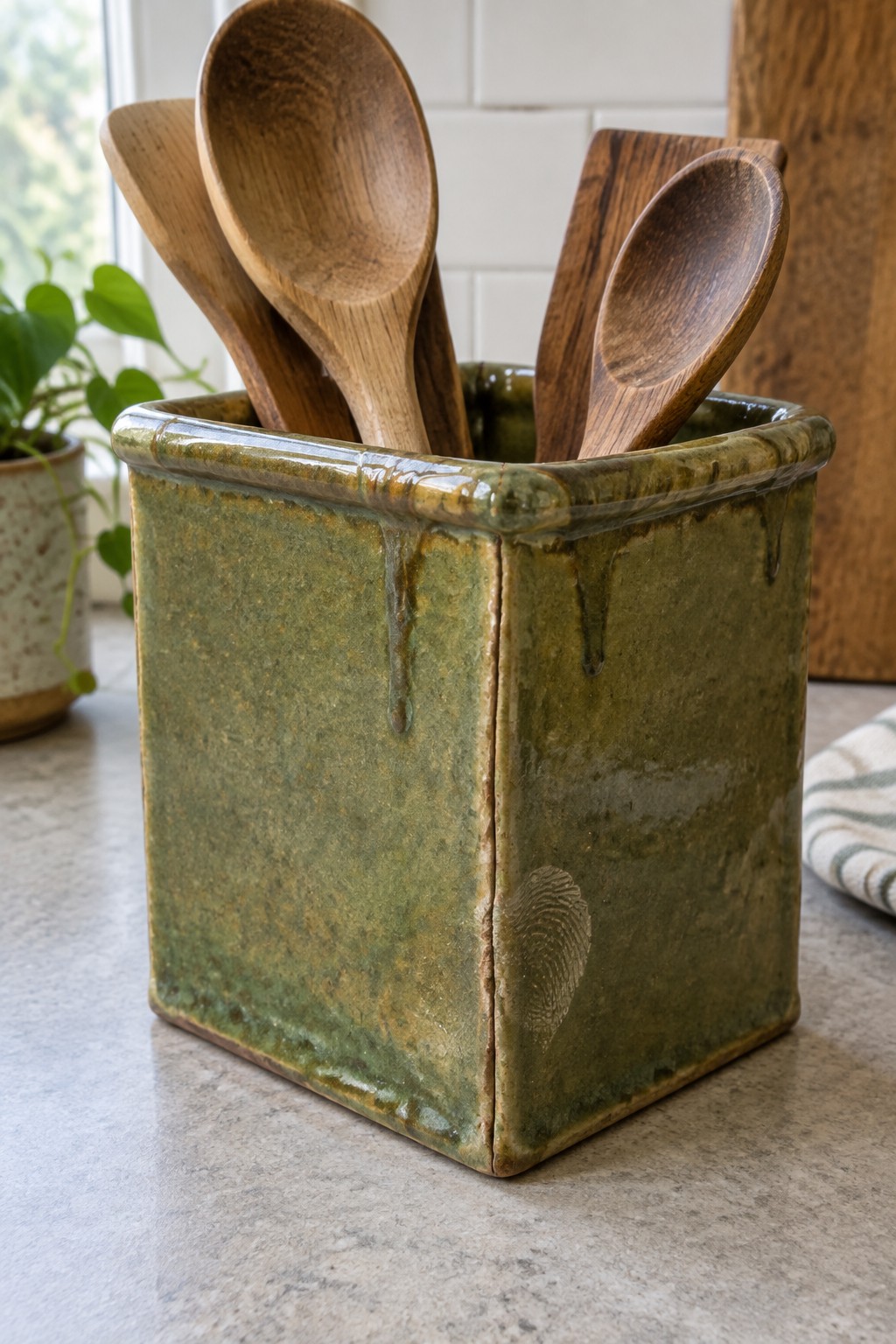Green glazed ceramic holder filled with wooden spoons on countertop