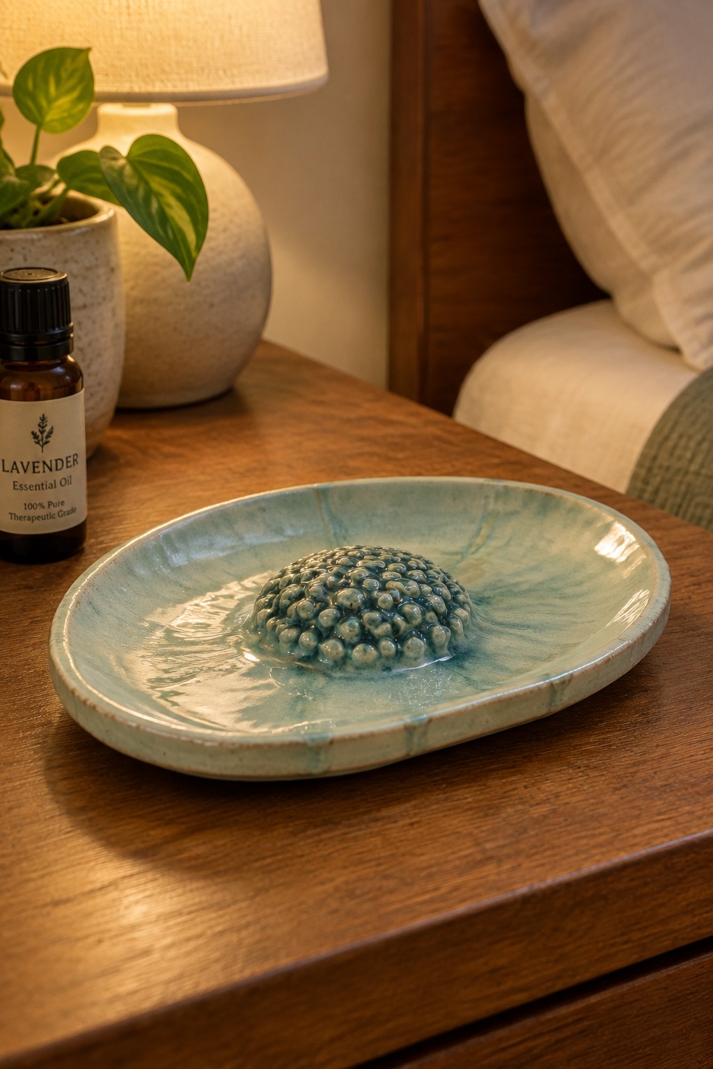 Marbled teal ceramic dish with bumpy object beside lavender oil on wooden nightstand