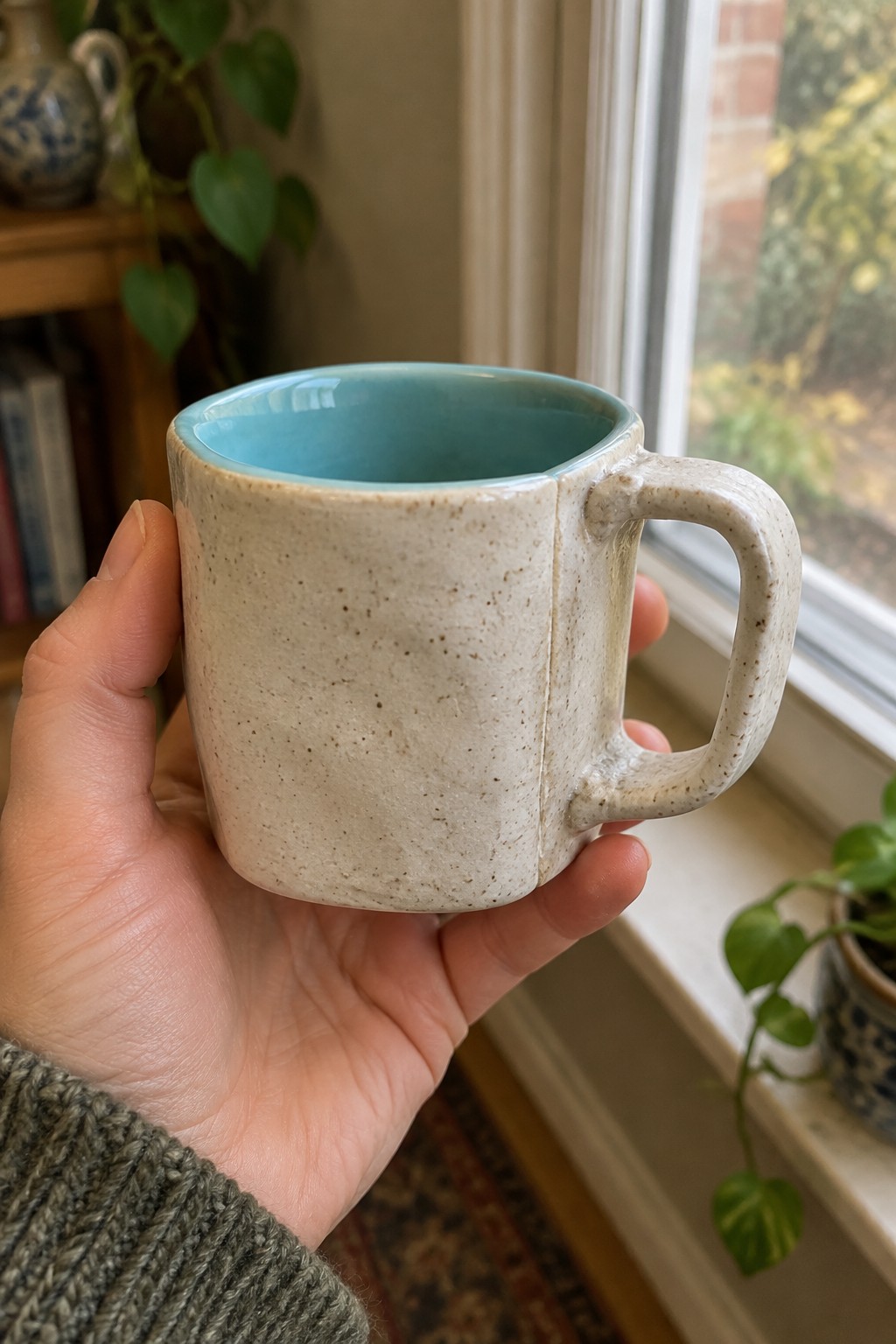 Gray-sweatered hand holding speckled beige mug with turquoise interior by window