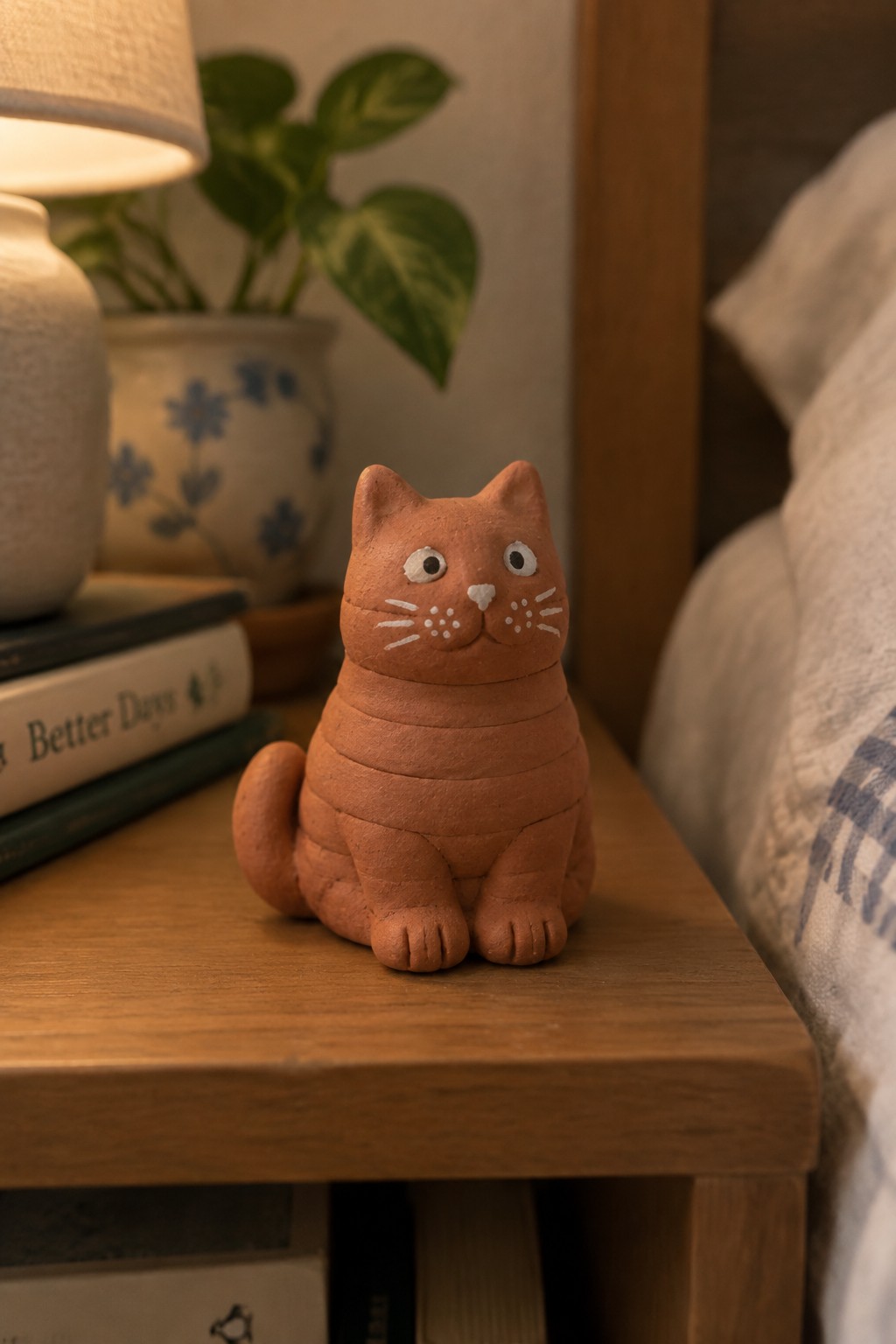 Terracotta cat figurine on wooden nightstand beside books, lamp, and plant
