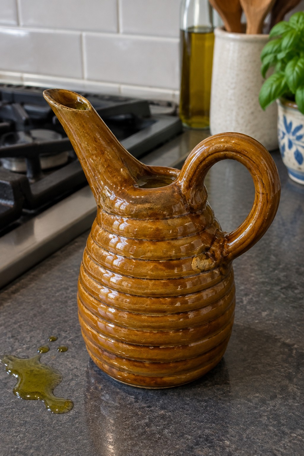 Brown ribbed ceramic pitcher with handle beside oil spill on kitchen counter