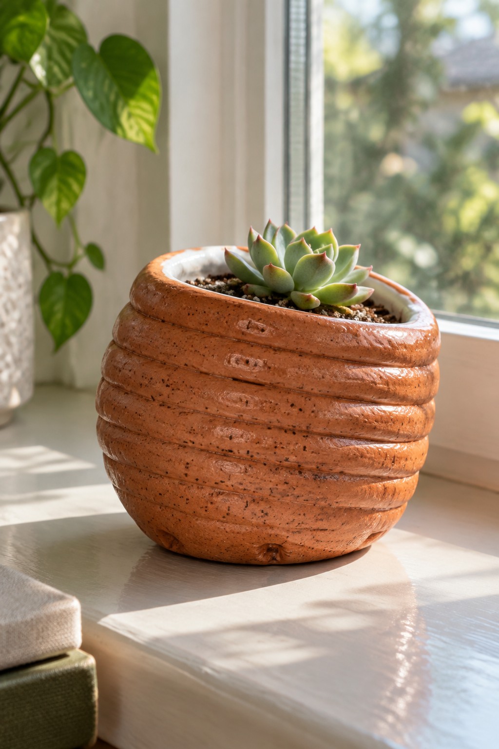 Succulent in ribbed terracotta pot on sunlit windowsill with shadows