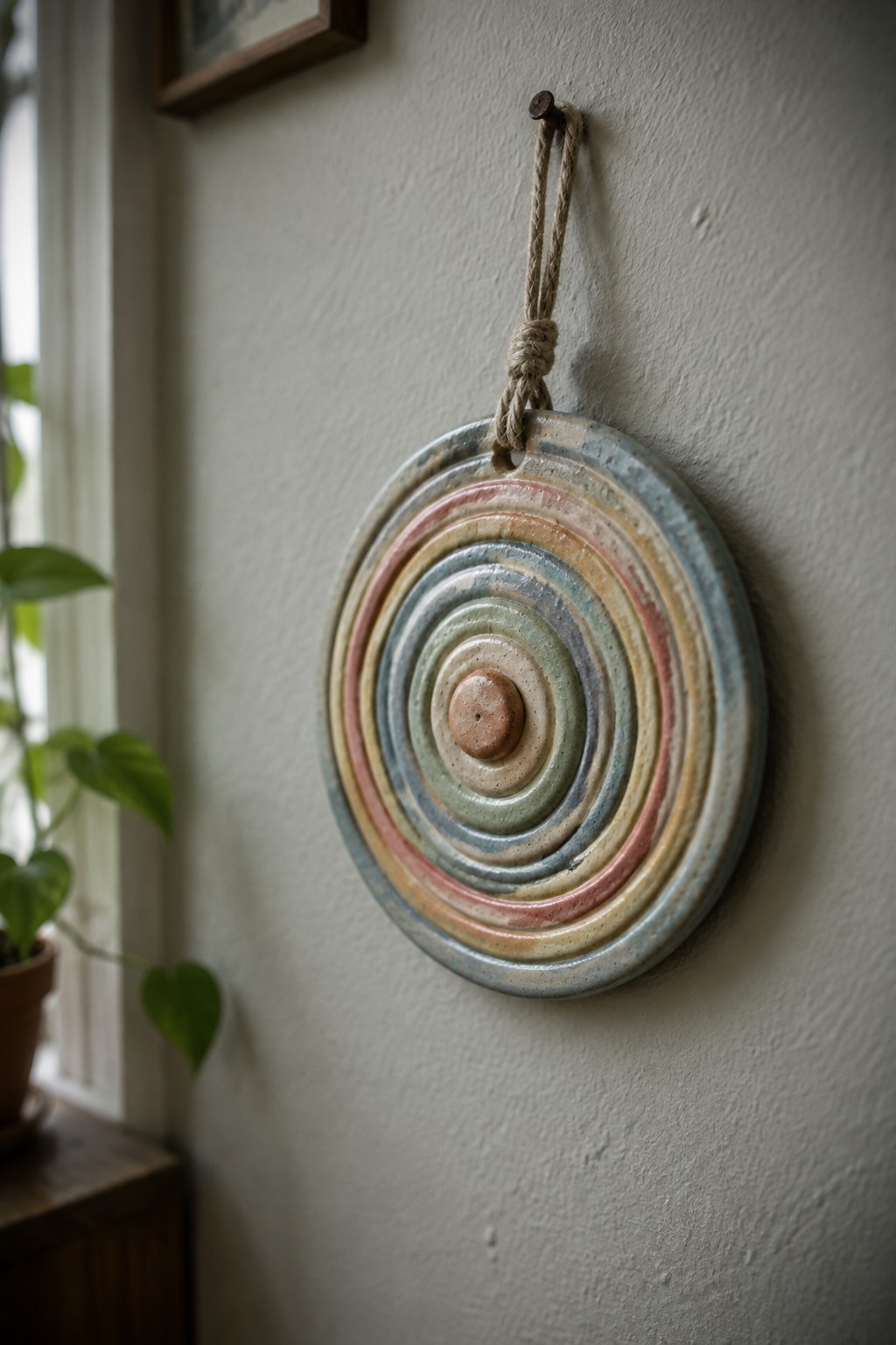 Ceramic wall hanging with pastel concentric rings suspended by knotted rope on nail.