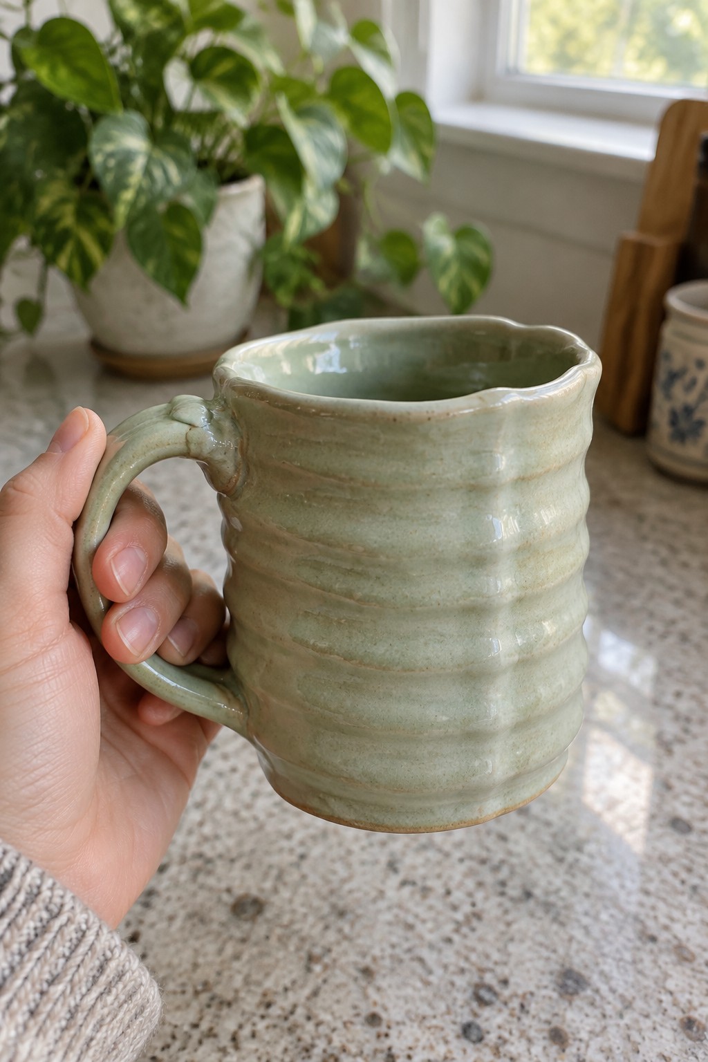 Hand in beige sweater gripping light green ridged ceramic mug near potted plant