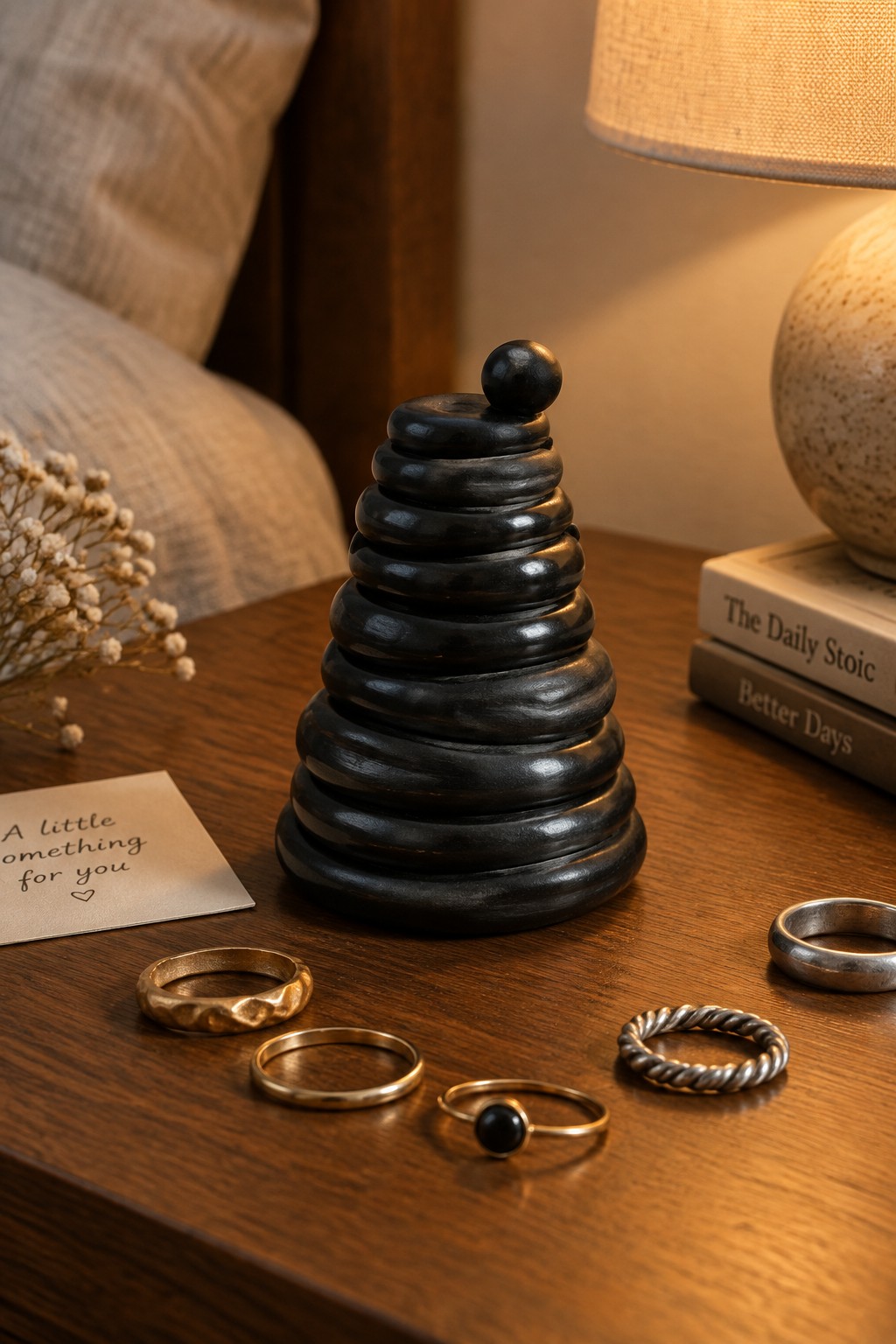 Black wooden ring stack sculpture with scattered jewelry, books, and lamp on wooden table