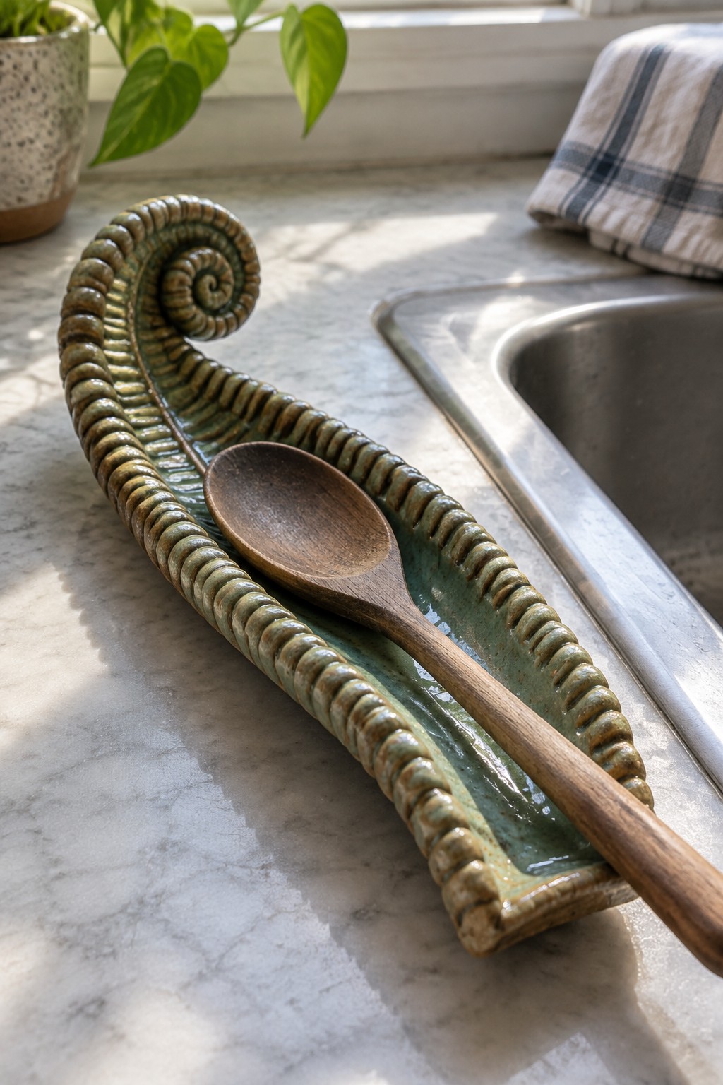 Green glazed ceramic fiddlehead spoon rest with wooden spoon on marble counter.