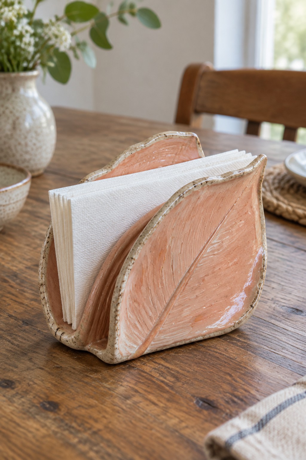 Peach ceramic leaf-shaped napkin holder with white napkins on wooden table.
