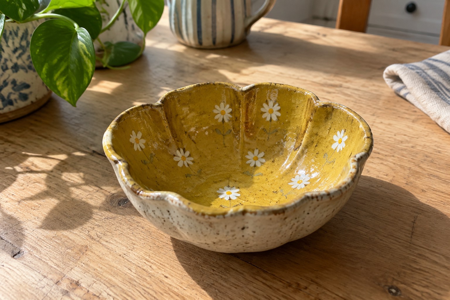 Yellow scalloped ceramic bowl with daisies on sunlit wooden table