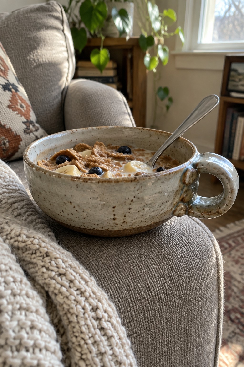 Ceramic bowl of cereal with bananas, blueberries and spoon on gray couch