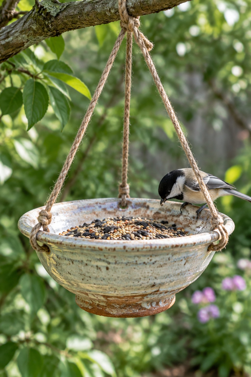 Chickadee perched on a hanging ceramic bowl filled with mixed birdseed