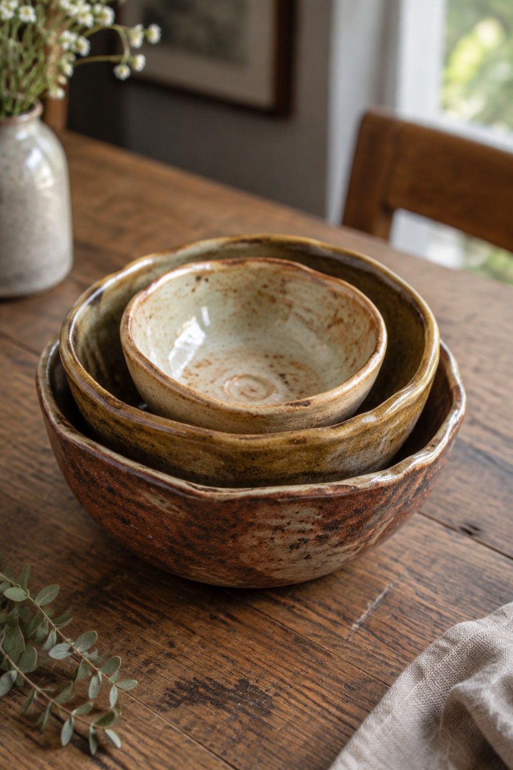 Nested rustic ceramic bowls in earthy tones on a wooden table with flowers