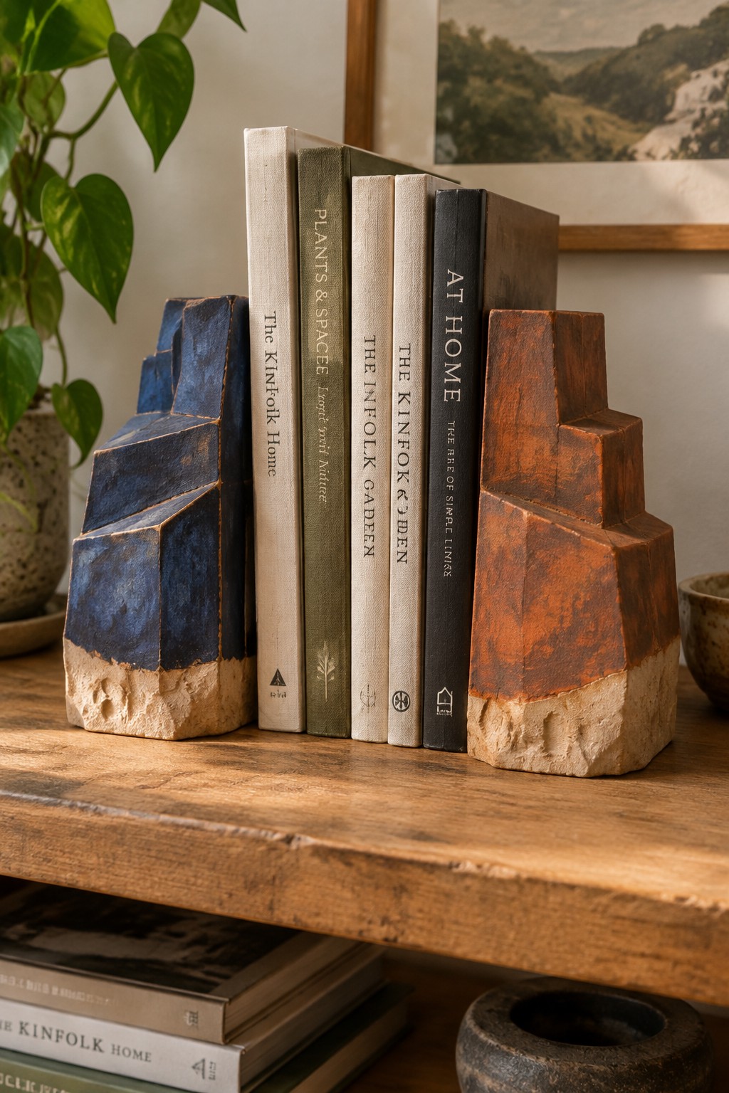 Two geometric bookends, one blue and one terracotta, holding books on wooden table