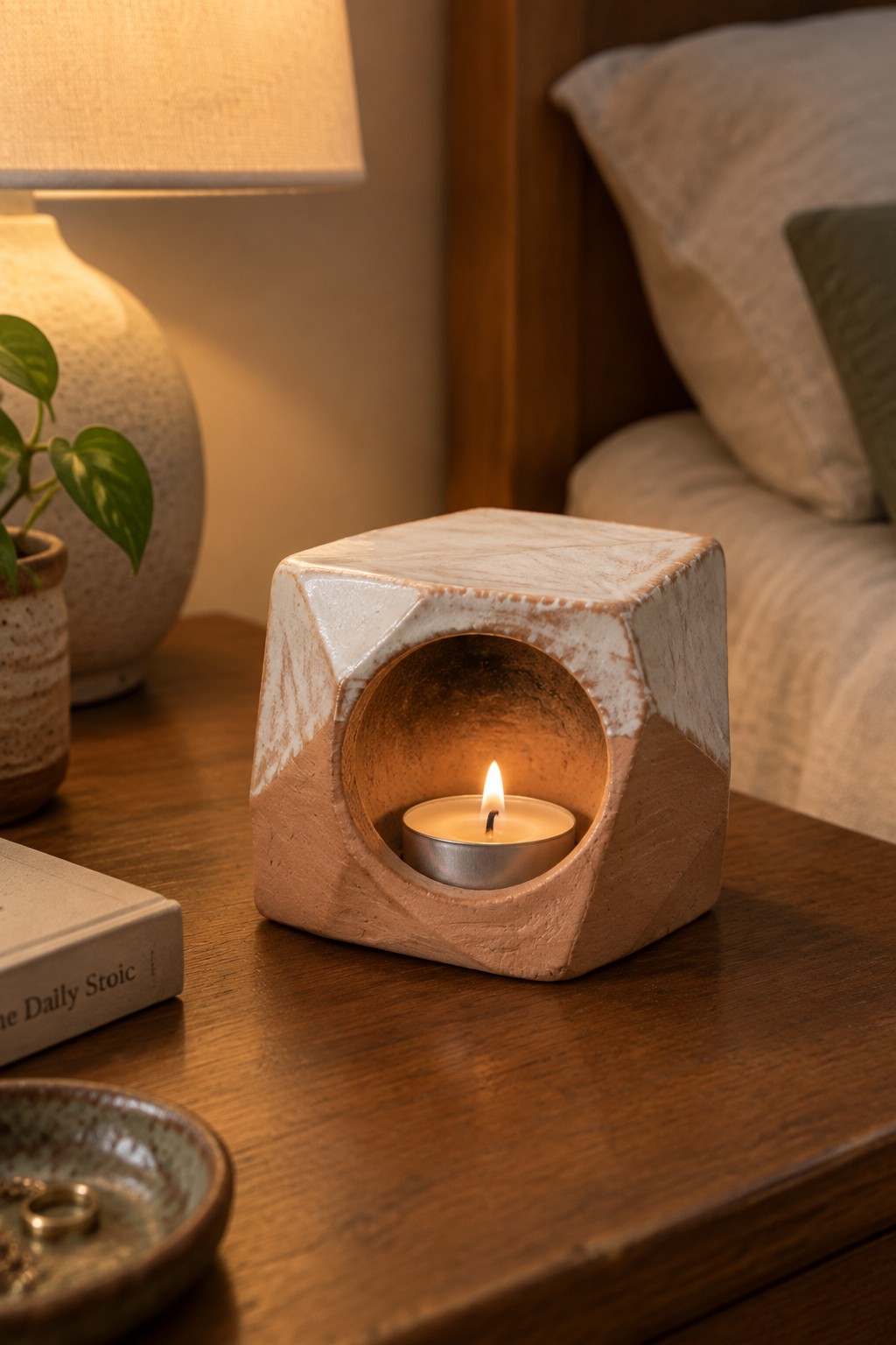 Lit tealight in faceted ceramic holder on wooden bedside table with book nearby