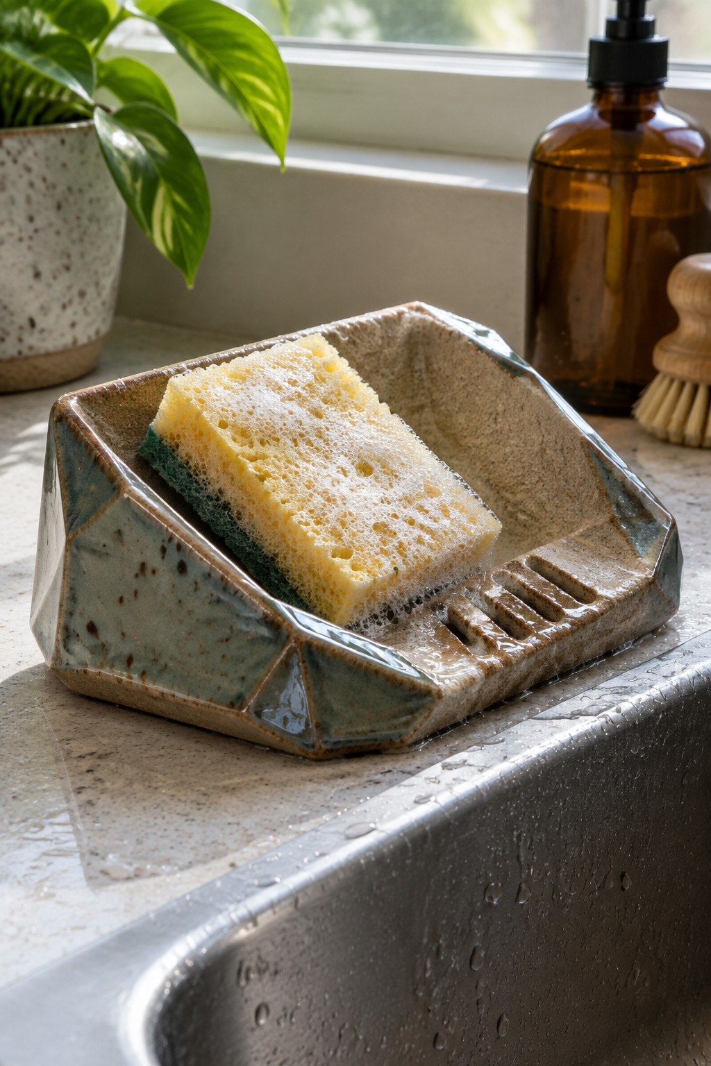 Yellow sponge with suds in a geometric ceramic dish by the sink