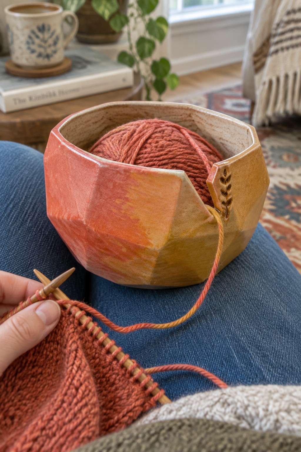 Hands knitting red yarn from faceted ceramic bowl on blue jeans