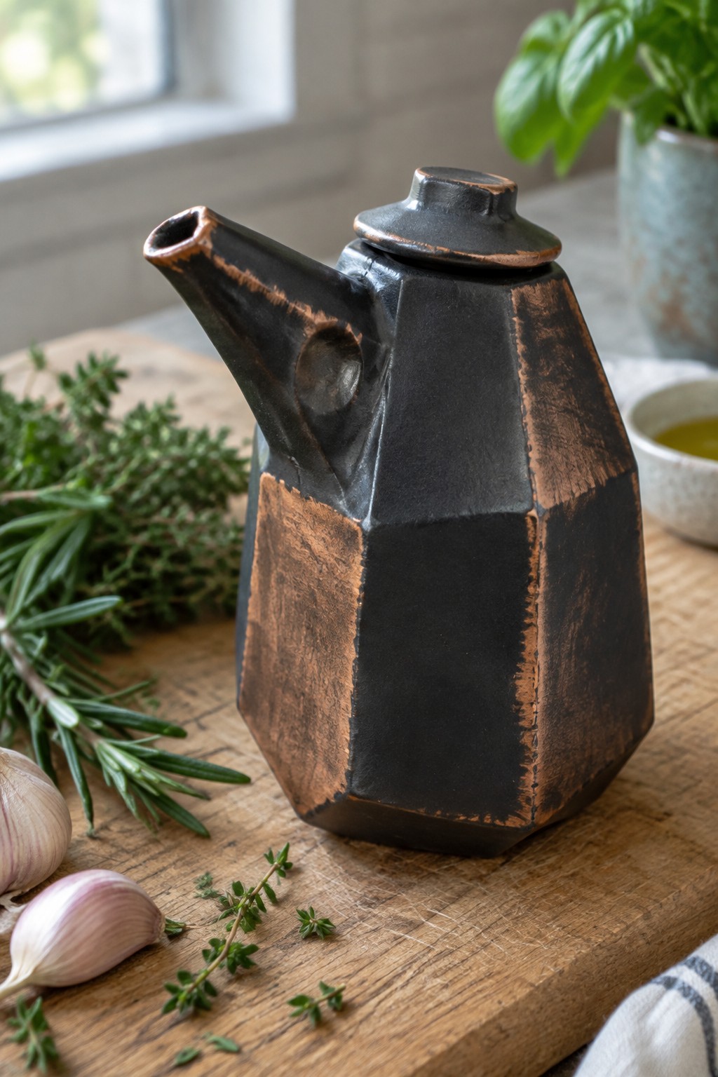 Black angular teapot with copper edges on wooden board amid fresh herbs and garlic