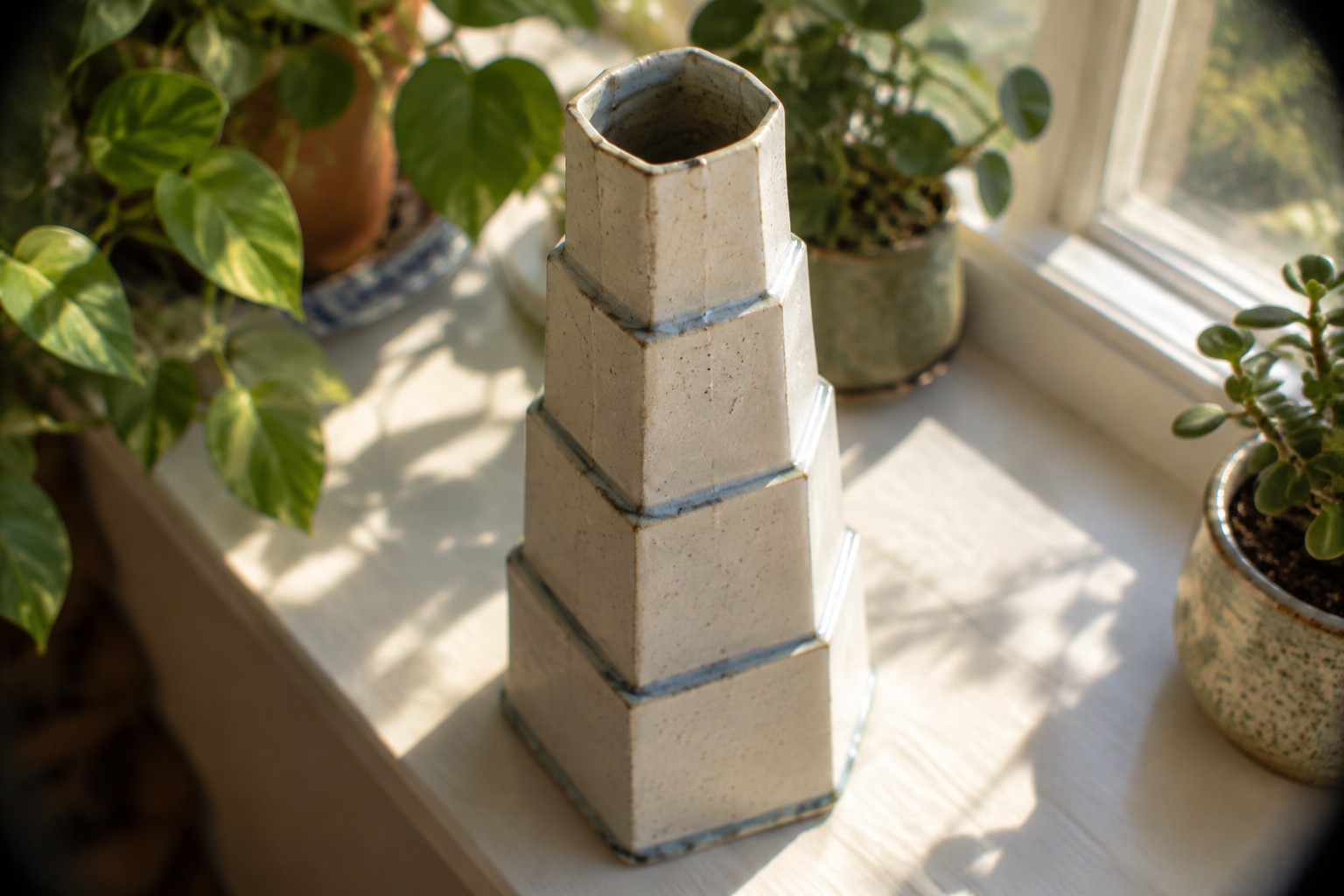 Multi-tiered hexagonal ceramic vase on sunlit windowsill with green plants