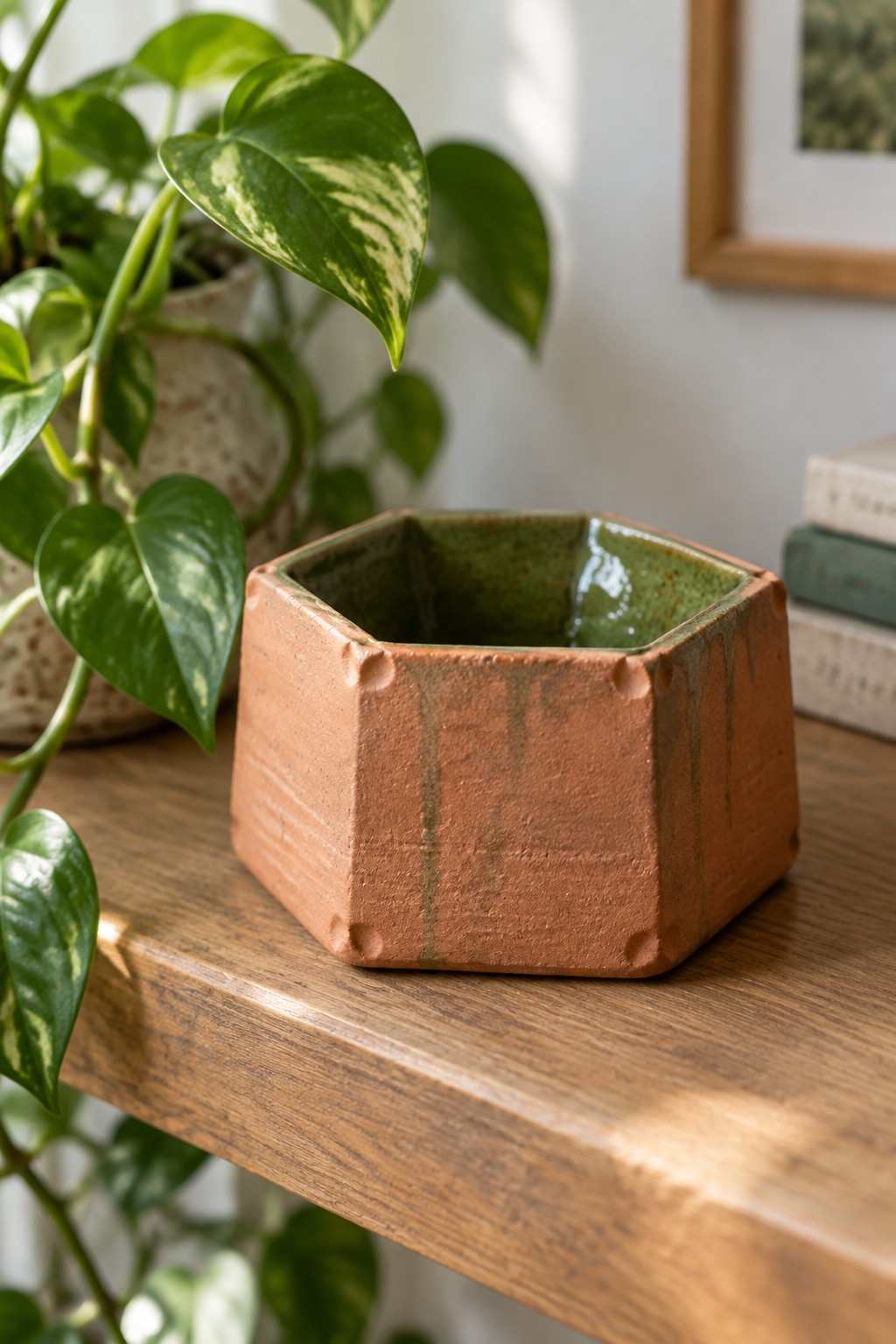 Hexagonal terracotta pot with green glazed interior on wooden shelf beside plant