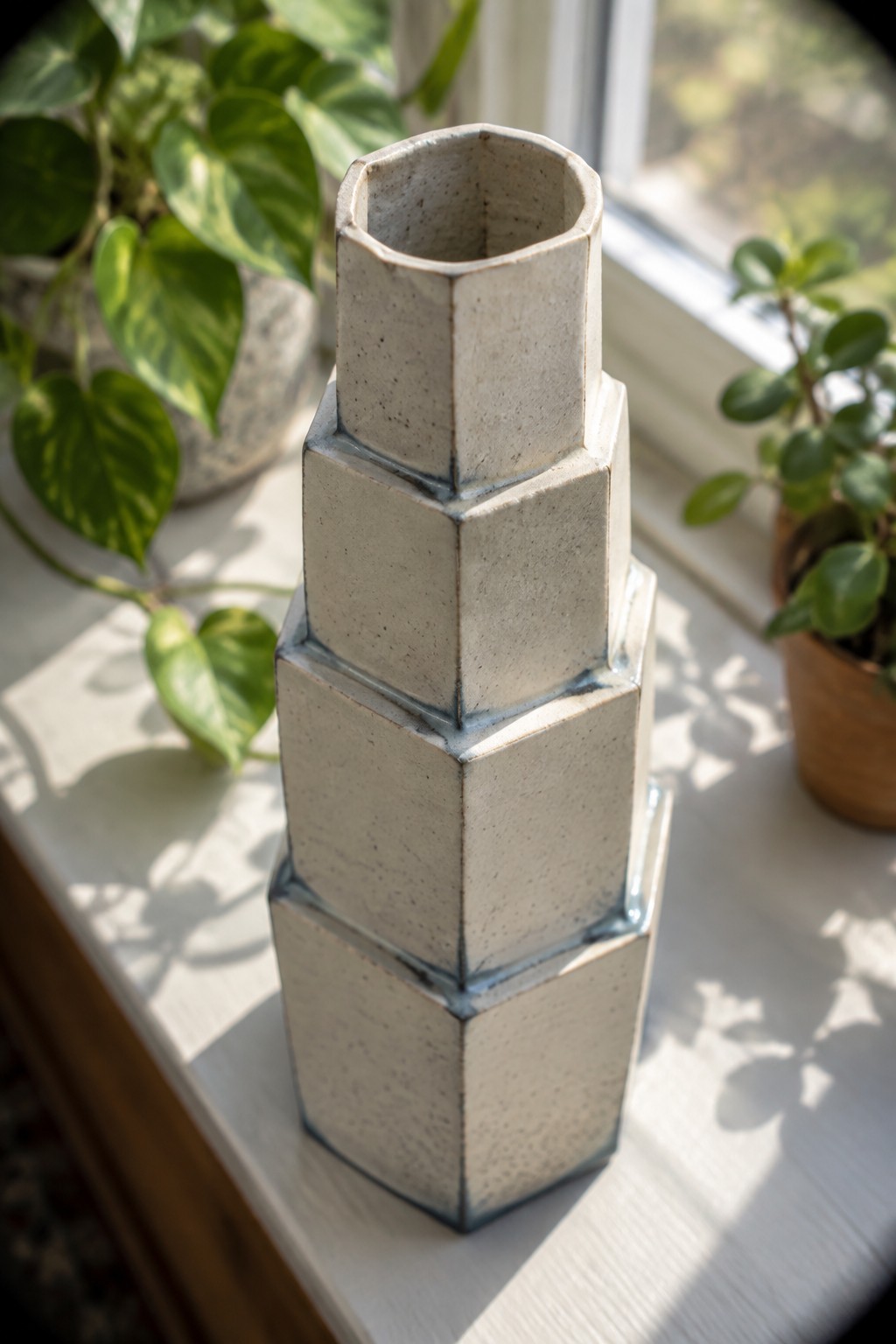 Multi-tiered hexagonal ceramic vase on sunlit windowsill with green plants