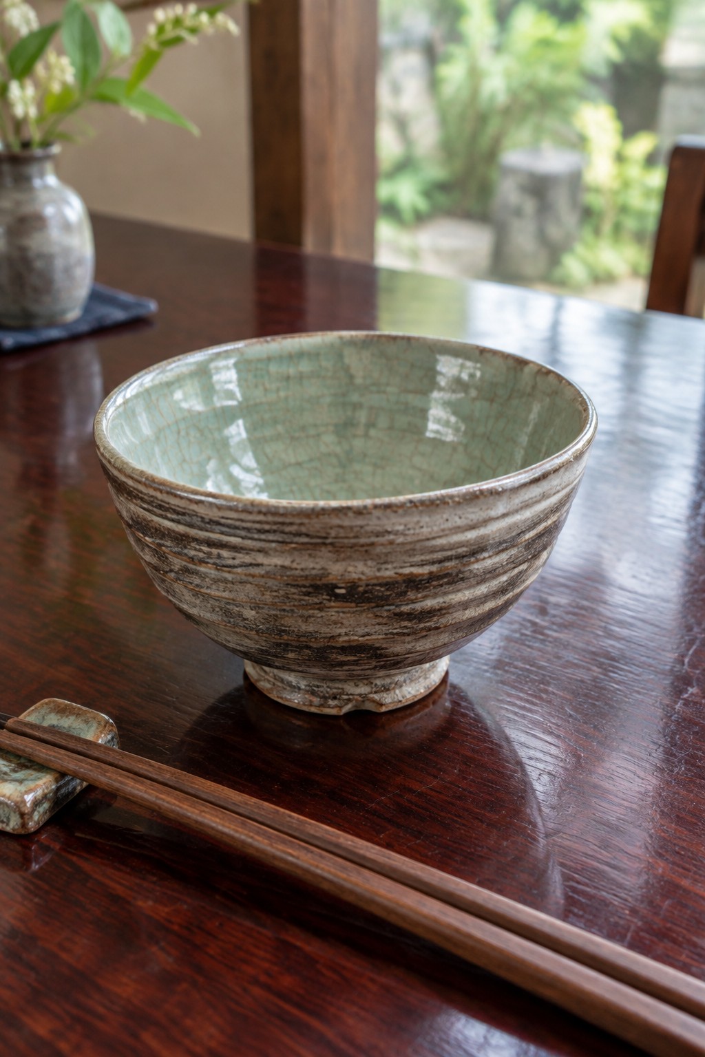 Crackled green ceramic bowl with chopsticks on dark wooden table beside flower vase