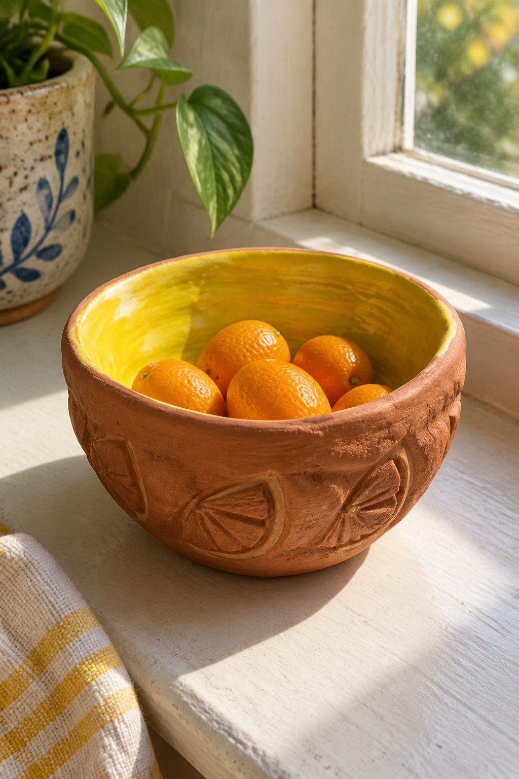 Terracotta bowl with yellow interior holding small oranges on sunny windowsill