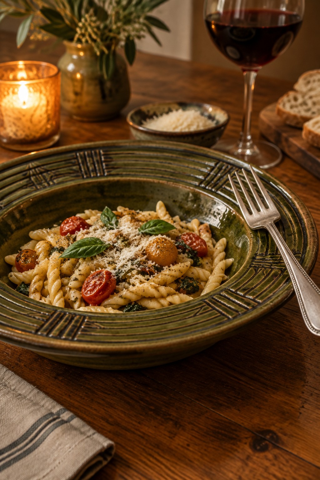Pasta with tomatoes and basil in green bowl beside wine glass, fork, and lit candle