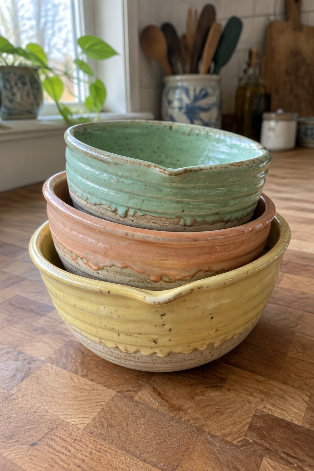 Three stacked ceramic bowls in yellow, orange, and green on a wooden countertop.