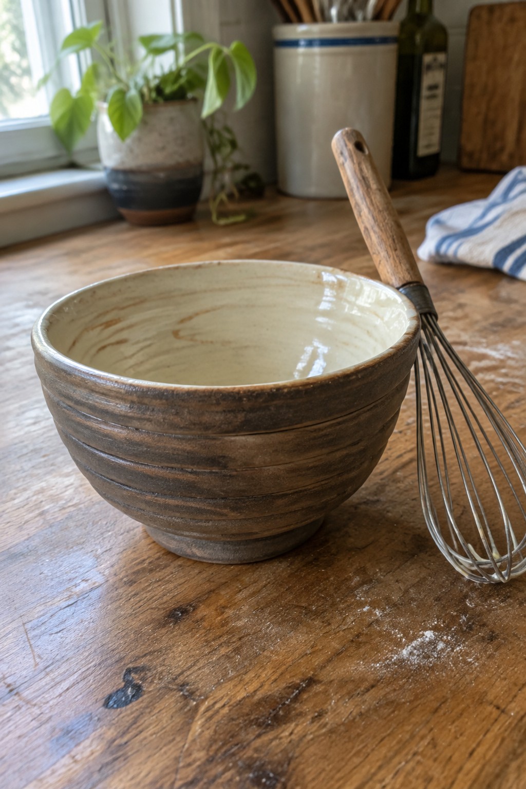 Rustic brown ceramic bowl with metal whisk on wooden kitchen counter