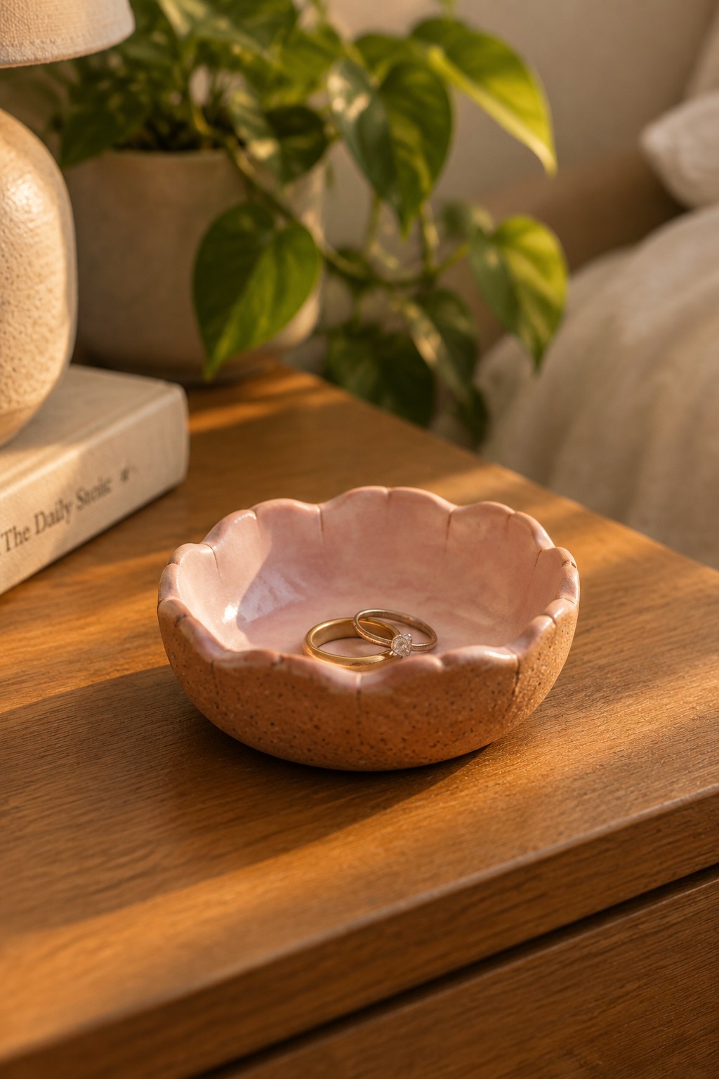 Pink scalloped bowl with two gold rings on wooden table near plant