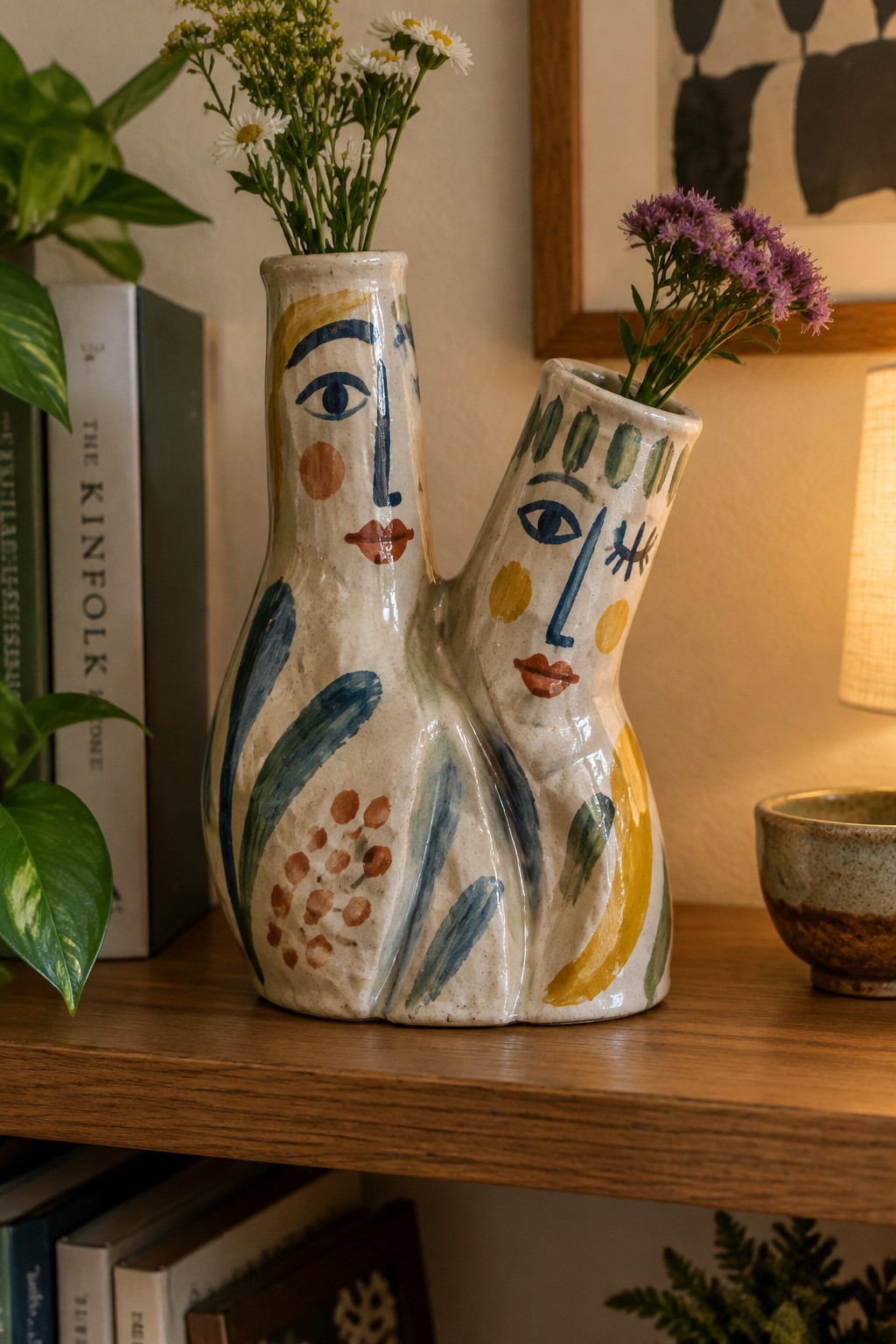 Ceramic double vase with colorful abstract faces holding daisies and purple flowers on shelf