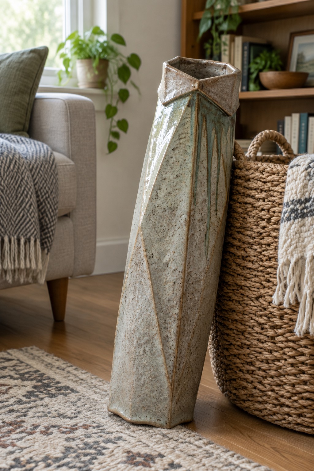 Geometric ceramic vase with green glaze leaning against woven basket in living room