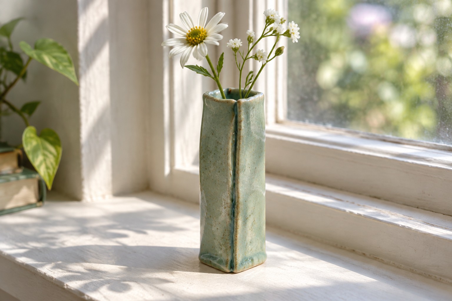 Green ceramic vase with blue seam holding daisy and white flowers on windowsill