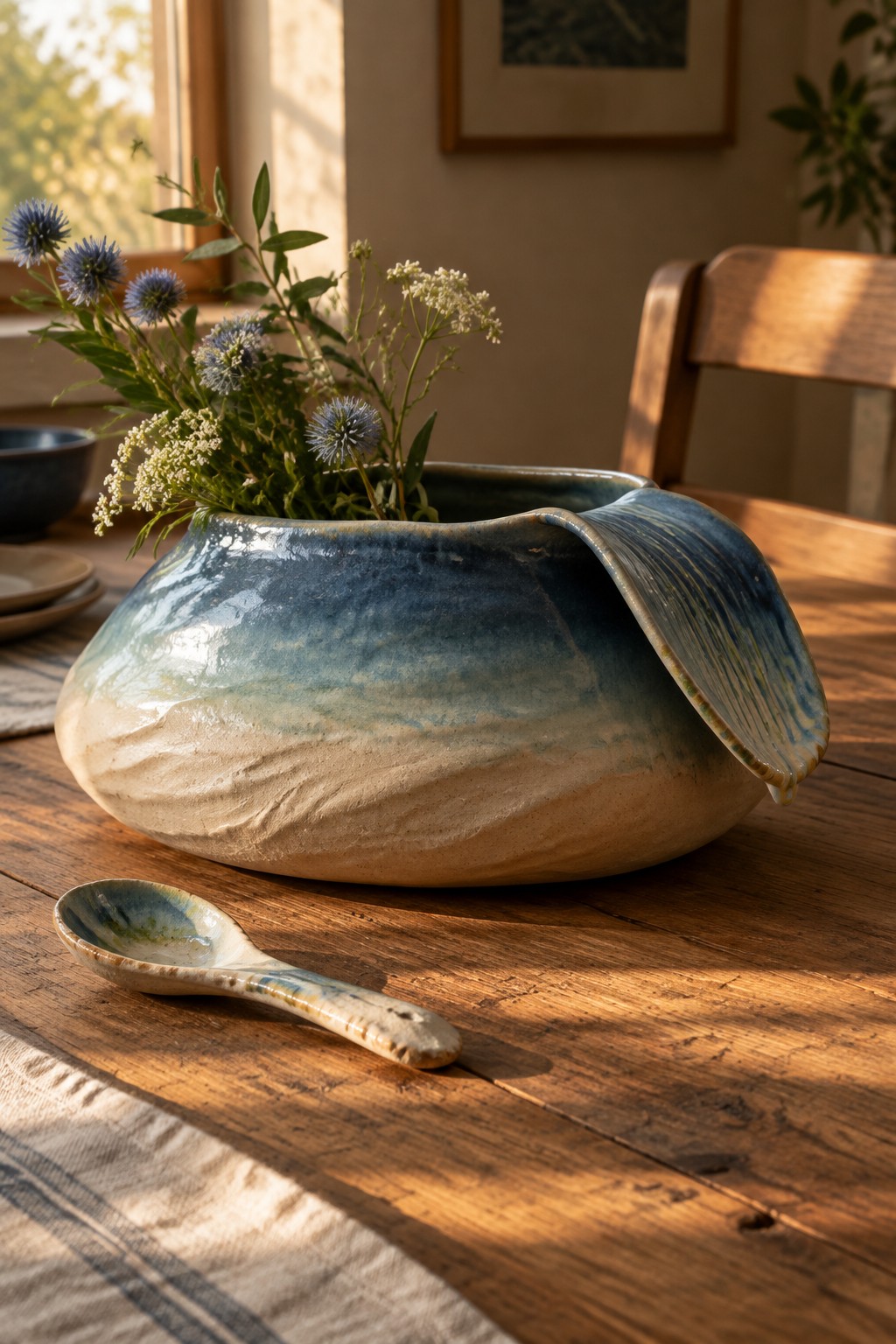Blue ceramic bowl with wildflowers beside spoon on sunlit wooden table